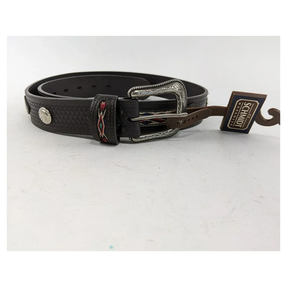 CE Schmidt Western Brown Leather Belt Size 44 Silver‎ Buckle & Accent Mens